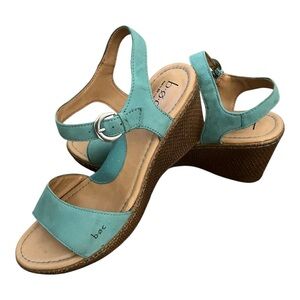 Born Women's Sandal 11 Turquoise Teal Leather Sling Back Wedge Heel Adjustable